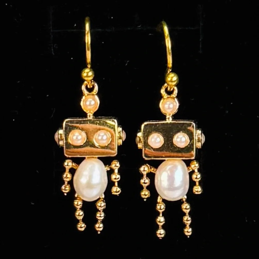 Goldtone Faux Pearl Robot Pierced Earrings